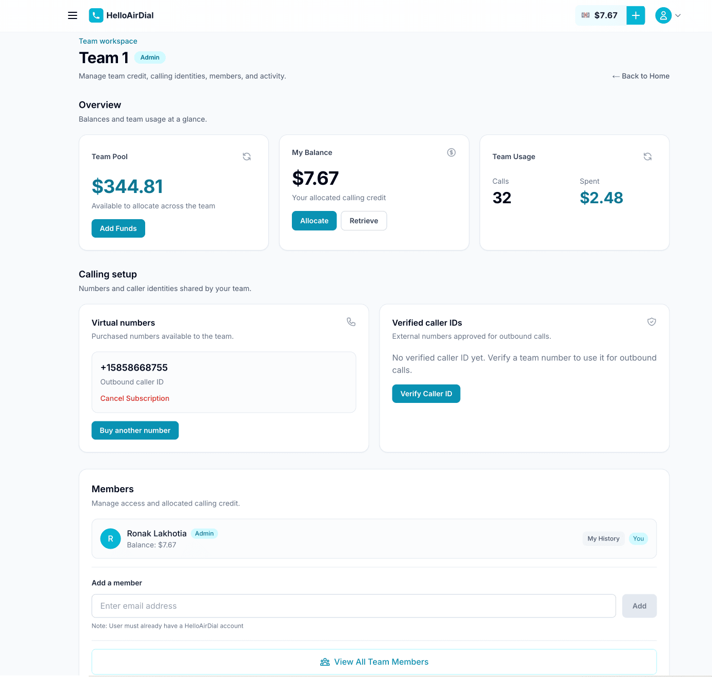 HelloAirDial team dashboard showing shared balance, usage, virtual numbers, caller IDs and members