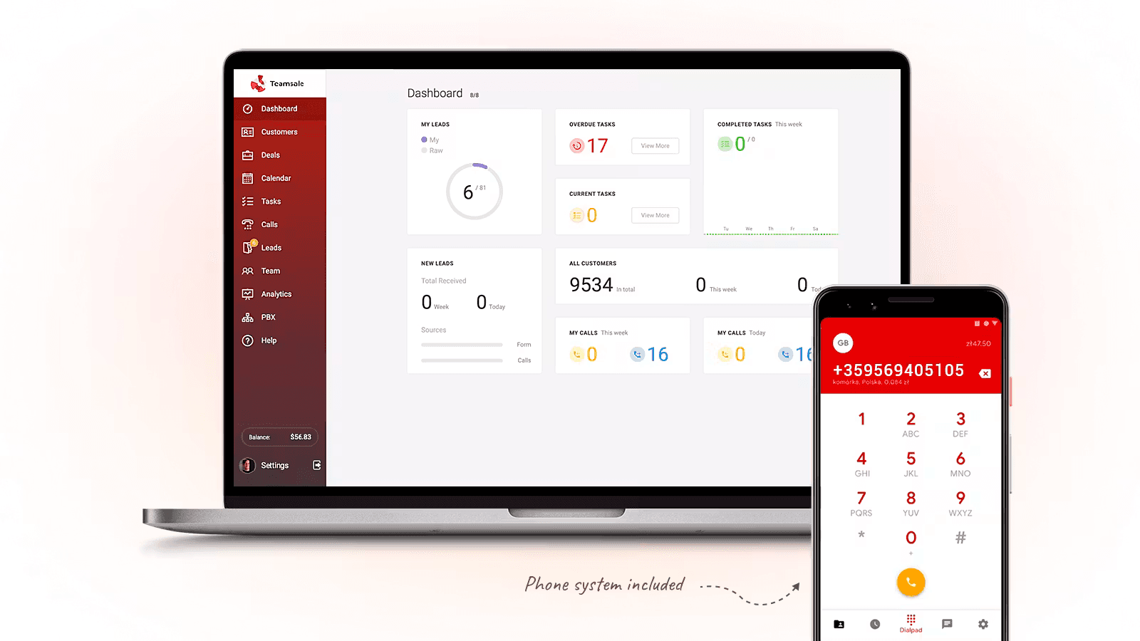 Zadarma Teamsale dashboard and mobile dialer displayed on a laptop and phone