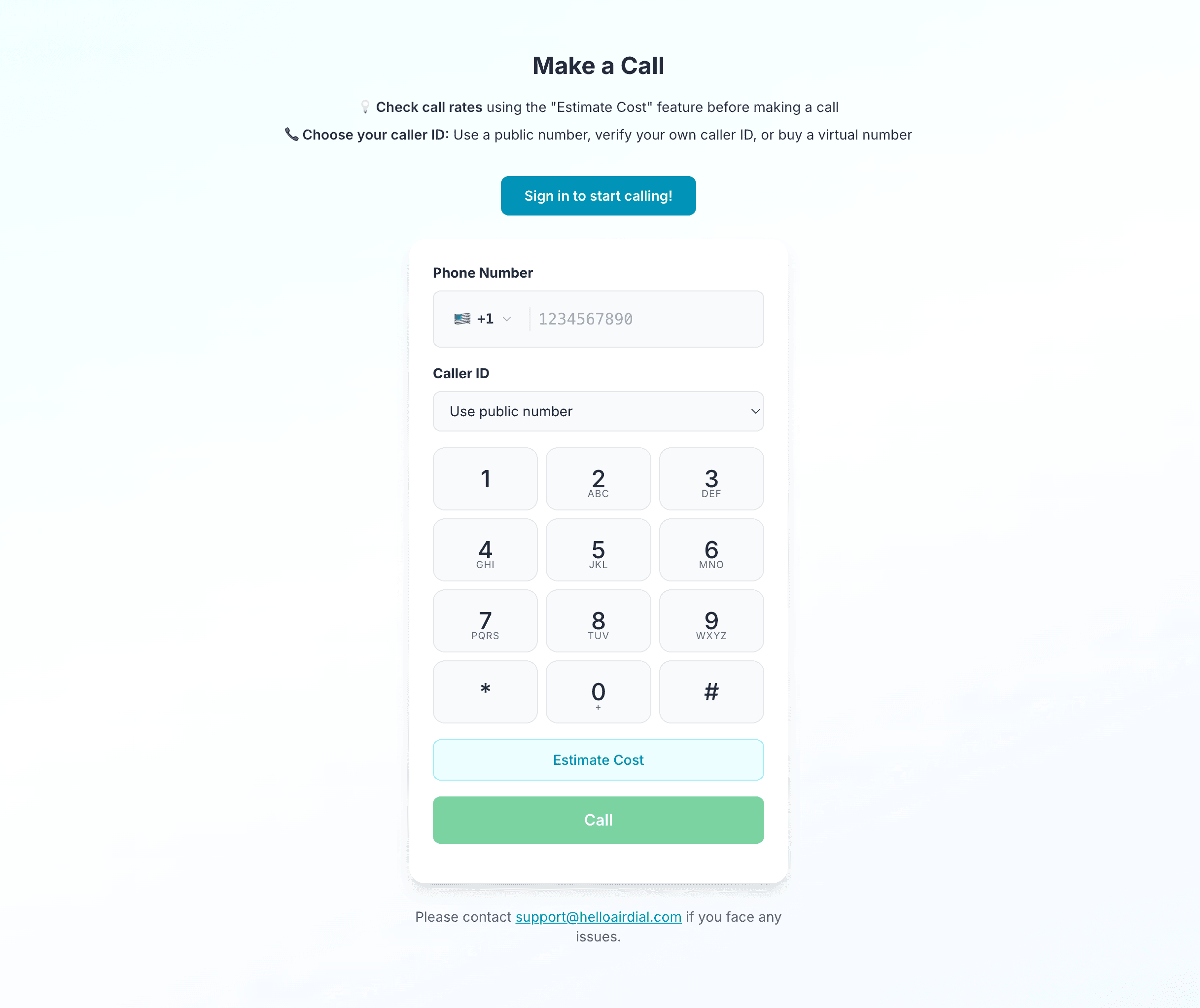 HelloAirDial browser dialer showing phone number entry, caller ID controls, and call button
