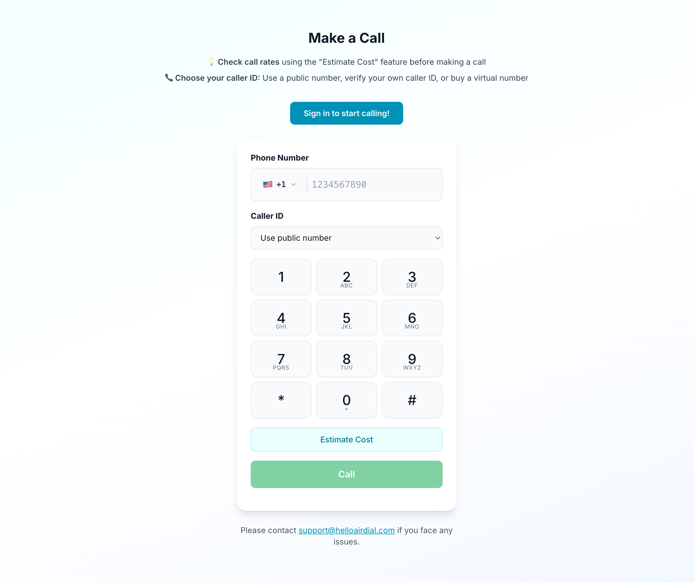HelloAirDial web dialer interface showing a browser-based phone dial pad for making international calls online
